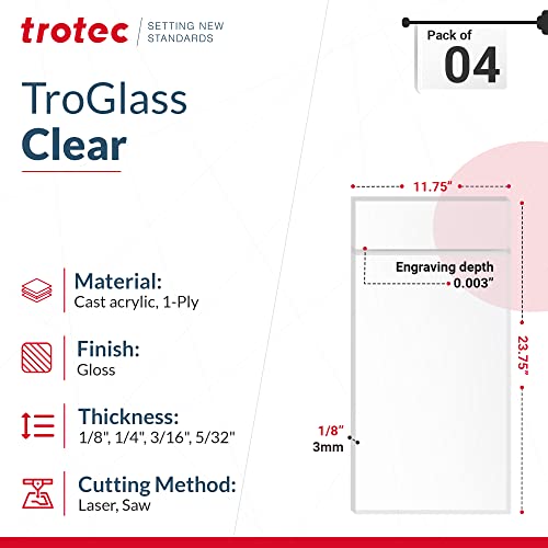 Trotec | Clear Cast akrilni list | 4 PCS | 23.75 ”x11.75” x1/8 ”| prozirni akrilni pleksiglasni list sa zaštitnim papirom | za natpise,