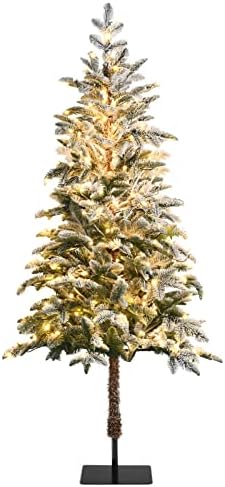 Goplus 6ft, pred osvijetljena olovka božićno drvce, snijeg, umjetno vitko stablo w/ 250 topla bijela LED svjetla, metalni postolje,
