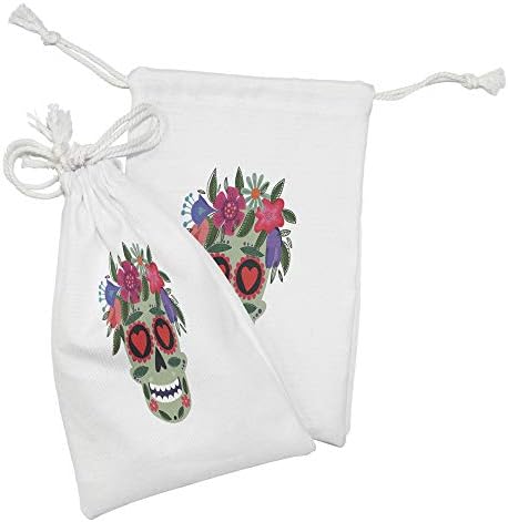 Ambasonne Tkanina od tkanine za šećernu lubanju od 2, nasmijana lubanja koja nosi cvjetni vijenac, koncept meksičke tradicije, mala