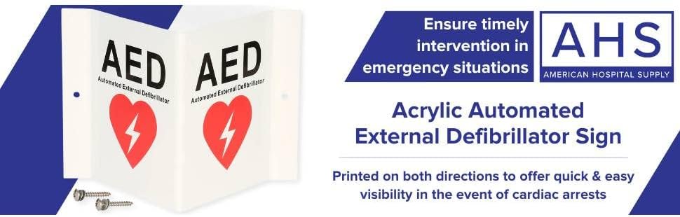 AHS američka bolnica AED znak | 6 x 6 inča, zidni medicinski znak s dvostranim dizajnom, pričvrsnim vijcima, unaprijed izbušenim rupama